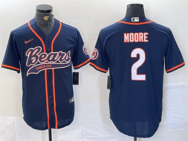 Men's Chicago Bears #2 DJ Moore Navy With Patch Cool Base Stitched Baseball Jersey